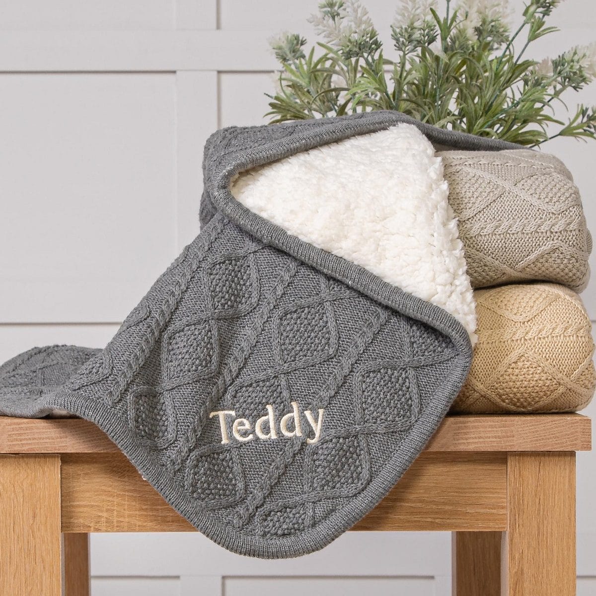 Ziggle personalised grey sherpa fleece cable baby blanket Personalised Baby Gift Offers and Sale 2