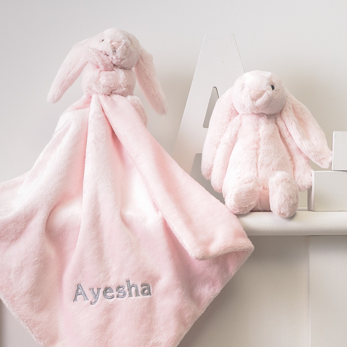 Personalised Jellycat bashful comforter & toy gift set in grey or pale pink