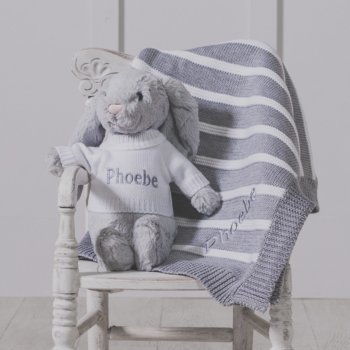 Personalised Jellycat grey bashful bunny and ziggle striped baby blanket gift set Birthday Gifts 2