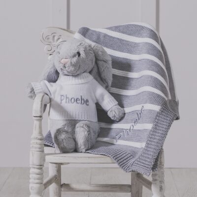 Personalised Jellycat grey bashful bunny and ziggle striped baby blanket gift set Birthday Gifts