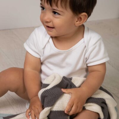 Toffee Moon personalised charcoal, cream and aqua stripe knitted baby blanket Blankets 2