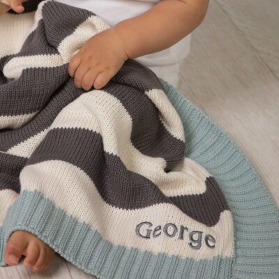 Toffee Moon personalised charcoal, cream and aqua stripe knitted baby blanket Blankets