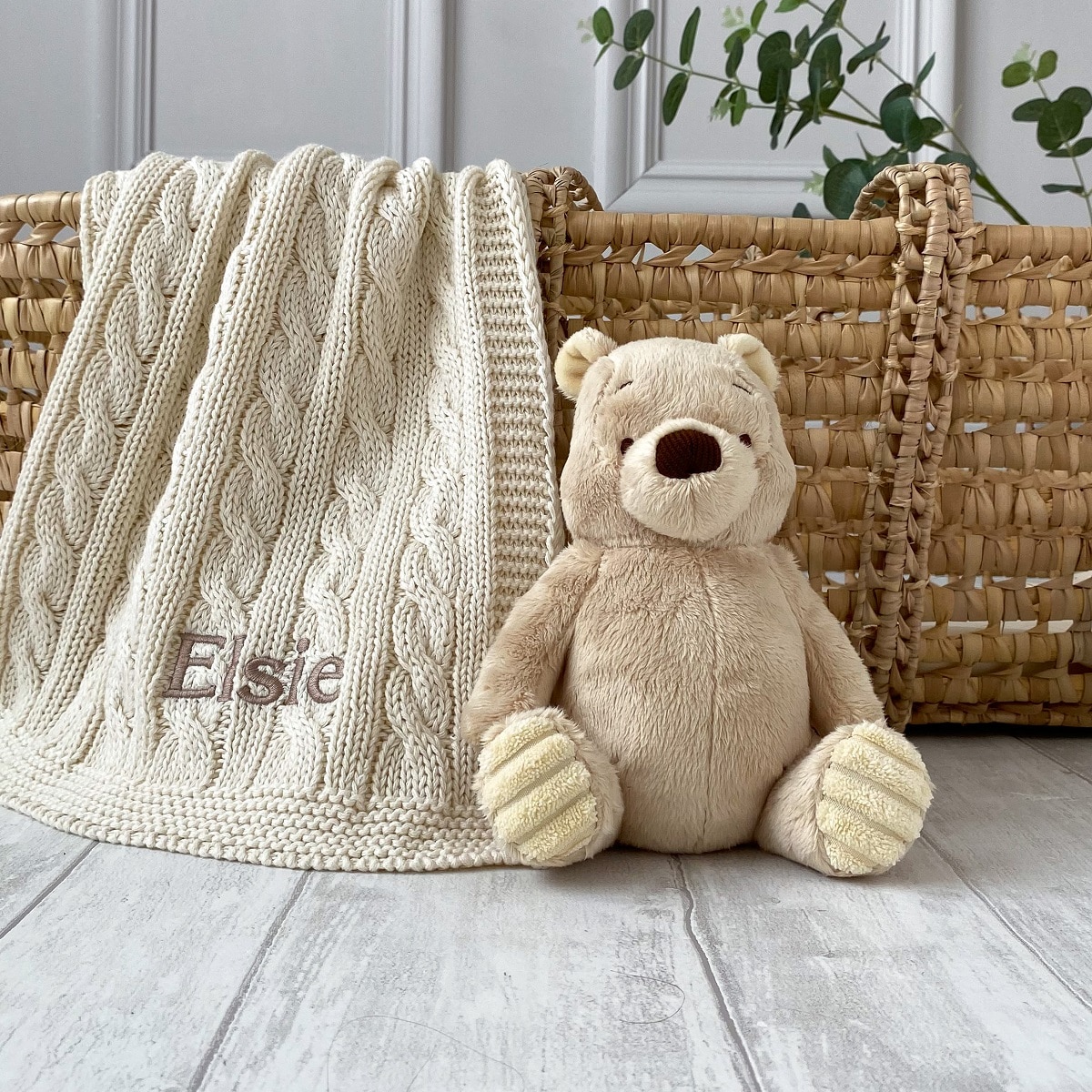 Toffee Moon personalised baby blanket and Winnie the Pooh soft toy