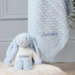 Personalised Toffee Moon luxury pale blue cable baby blanket and pale blue Jellycat bashful bunny Birthday Gifts 3