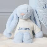 Personalised Toffee Moon luxury pale blue cable baby blanket and pale blue Jellycat bashful bunny Birthday Gifts 4