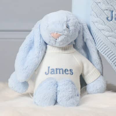 Personalised Toffee Moon luxury pale blue cable baby blanket and pale blue Jellycat bashful bunny Birthday Gifts 2