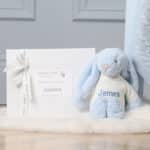 Personalised Toffee Moon luxury pale blue cable baby blanket and pale blue Jellycat bashful bunny Birthday Gifts 9