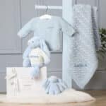 Personalised Toffee Moon luxury pale blue cable baby blanket and pale blue Jellycat bashful bunny Birthday Gifts 8