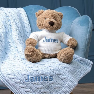 Personalised Toffee Moon luxury cable baby blanket and Jellycat bumbly bear gift set Birthday Gifts