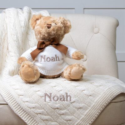 Personalised Toffee Moon luxury cable baby blanket and Keel dougie bear gift set Birthday Gifts
