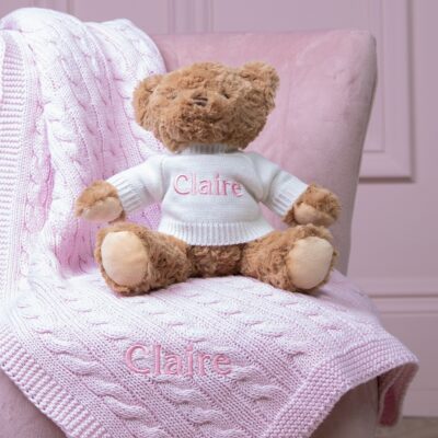 Personalised Toffee Moon luxury cable baby blanket and Keel keeleco bear gift set Birthday Gifts
