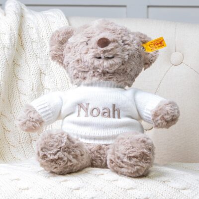 Personalised Toffee Moon luxury cable baby blanket and Steiff honey bear gift set Baby Shower Gifts 2