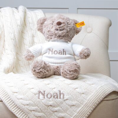 Personalised Toffee Moon luxury cable baby blanket and Steiff honey bear gift set Baby Shower Gifts