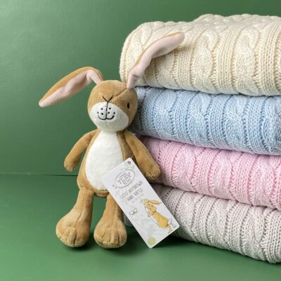 Toffee Moon personalised luxury cable baby blanket and Little Nutbrown Hare rattle Blankets 2