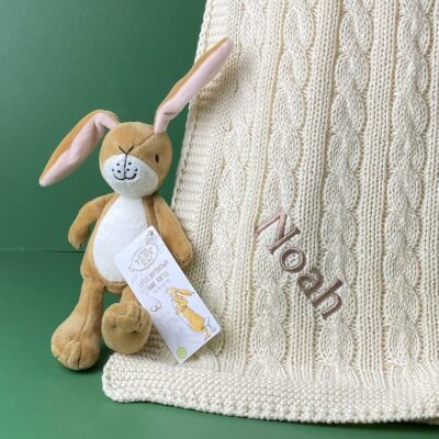 Toffee Moon personalised luxury cable baby blanket and Little Nutbrown Hare rattle Blankets