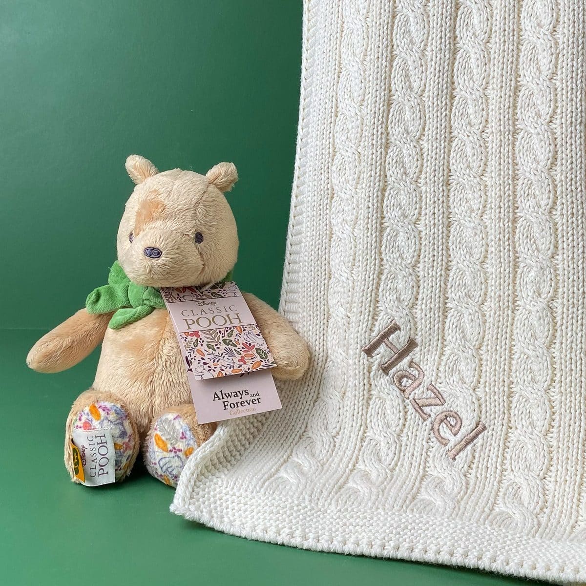 Toffee Moon personalised luxury baby blanket and Winnie the Pooh soft toy