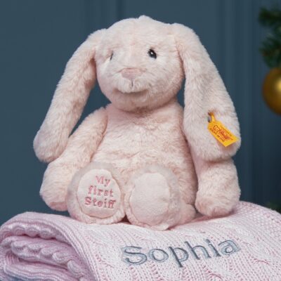 My First Steiff Hoppie rabbit pink soft toy and Toffee Moon luxury cable blanket gift set Blankets