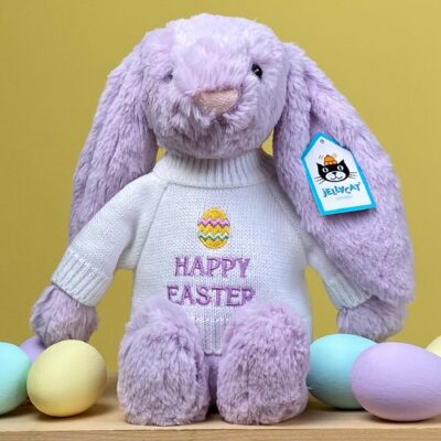 Jellycat lilac bashful Easter bunny with Easter jumper Easter Gifts 2