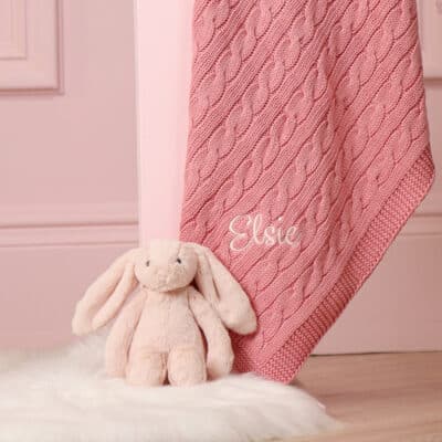 Toffee Moon personalised blush pink luxury cable baby blanket Birthday Gifts