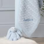 Toffee Moon personalised pale blue, blue grey, storm blue luxury cable baby blanket Birthday Gifts 3