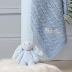 Toffee Moon personalised pale blue, blue grey, storm blue luxury cable baby blanket Birthday Gifts 4