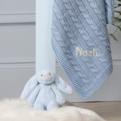 Toffee Moon personalised pale blue, blue grey, storm blue luxury cable baby blanket Birthday Gifts 2