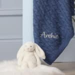 Toffee Moon personalised pale blue, blue grey, storm blue luxury cable baby blanket Birthday Gifts 5