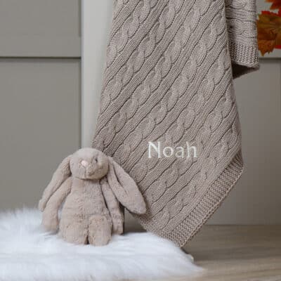 Toffee Moon personalised fudge, cream, nutbrown luxury cable baby blanket Birthday Gifts 2