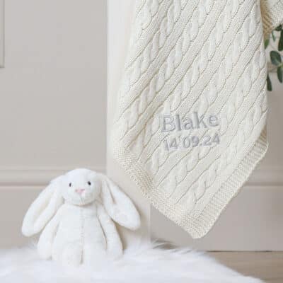 Toffee Moon personalised cream, glacier grey, hound grey luxury cable baby blanket Birthday Gifts