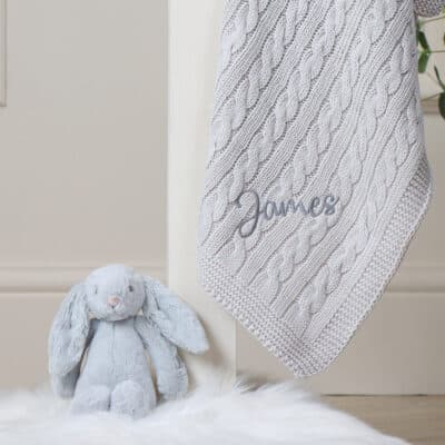 Toffee Moon personalised cream, glacier grey, hound grey luxury cable baby blanket Birthday Gifts 3