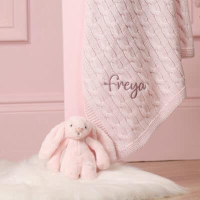 Toffee Moon personalised petal pink, dawn pink, dusky rose luxury cable baby blanket Blankets