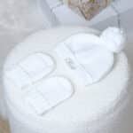 Personalised Toffee Moon christening baptism white bobble hat and mittens set Christening Gifts 3