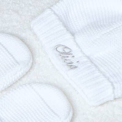 Personalised Toffee Moon christening baptism white bobble hat and mittens set Christening Gifts 2