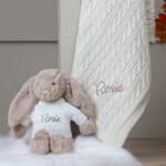 Personalised Toffee Moon luxury cream cable baby blanket and beige Jellycat bashful bunny Baby Shower Gifts 3