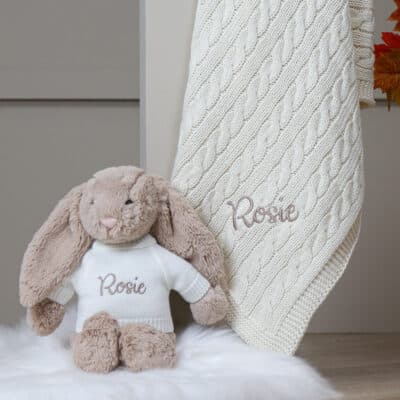 Personalised Toffee Moon luxury cream cable baby blanket and beige Jellycat bashful bunny Baby Shower Gifts