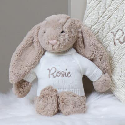 Personalised Toffee Moon luxury cream cable baby blanket and beige Jellycat bashful bunny Baby Shower Gifts 2