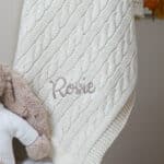 Personalised Toffee Moon luxury cream cable baby blanket and beige Jellycat bashful bunny Baby Shower Gifts 5