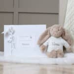 Personalised Toffee Moon luxury cream cable baby blanket and beige Jellycat bashful bunny Baby Shower Gifts 9