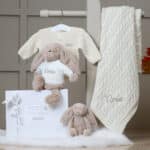 Personalised Toffee Moon luxury cream cable baby blanket and beige Jellycat bashful bunny Baby Shower Gifts 8