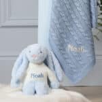 Personalised Toffee Moon luxury blue grey cable baby blanket and pale blue Jellycat bashful bunny Birthday Gifts 3