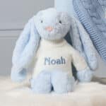 Personalised Toffee Moon luxury blue grey cable baby blanket and pale blue Jellycat bashful bunny Birthday Gifts 4