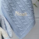 Personalised Toffee Moon luxury blue grey cable baby blanket and pale blue Jellycat bashful bunny Birthday Gifts 5