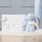 Personalised Toffee Moon luxury blue grey cable baby blanket and pale blue Jellycat bashful bunny Birthday Gifts 9