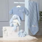 Personalised Toffee Moon luxury blue grey cable baby blanket and pale blue Jellycat bashful bunny Birthday Gifts 8