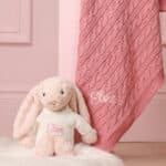 Personalised Toffee Moon luxury blush cable baby blanket and blush pink Jellycat bashful bunny Birthday Gifts 3