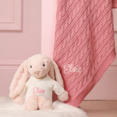 Personalised Toffee Moon luxury blush cable baby blanket and blush pink Jellycat bashful bunny Birthday Gifts