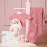 Personalised Toffee Moon luxury blush cable baby blanket and blush pink Jellycat bashful bunny Birthday Gifts 8