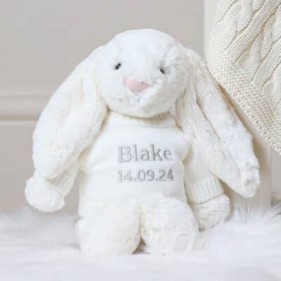 Personalised Toffee Moon luxury cream cable baby blanket and cream Jellycat bashful bunny Blankets 2