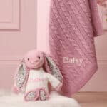 Personalised Toffee Moon luxury dawn pink cable baby blanket and tulip Jellycat blossom bunny Blankets 3