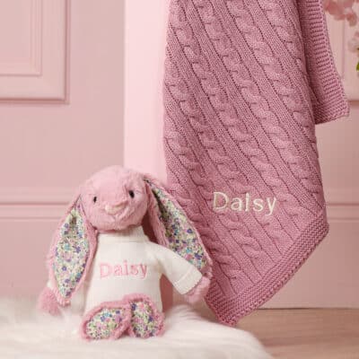 Personalised Toffee Moon luxury dawn pink cable baby blanket and tulip Jellycat blossom bunny Blankets